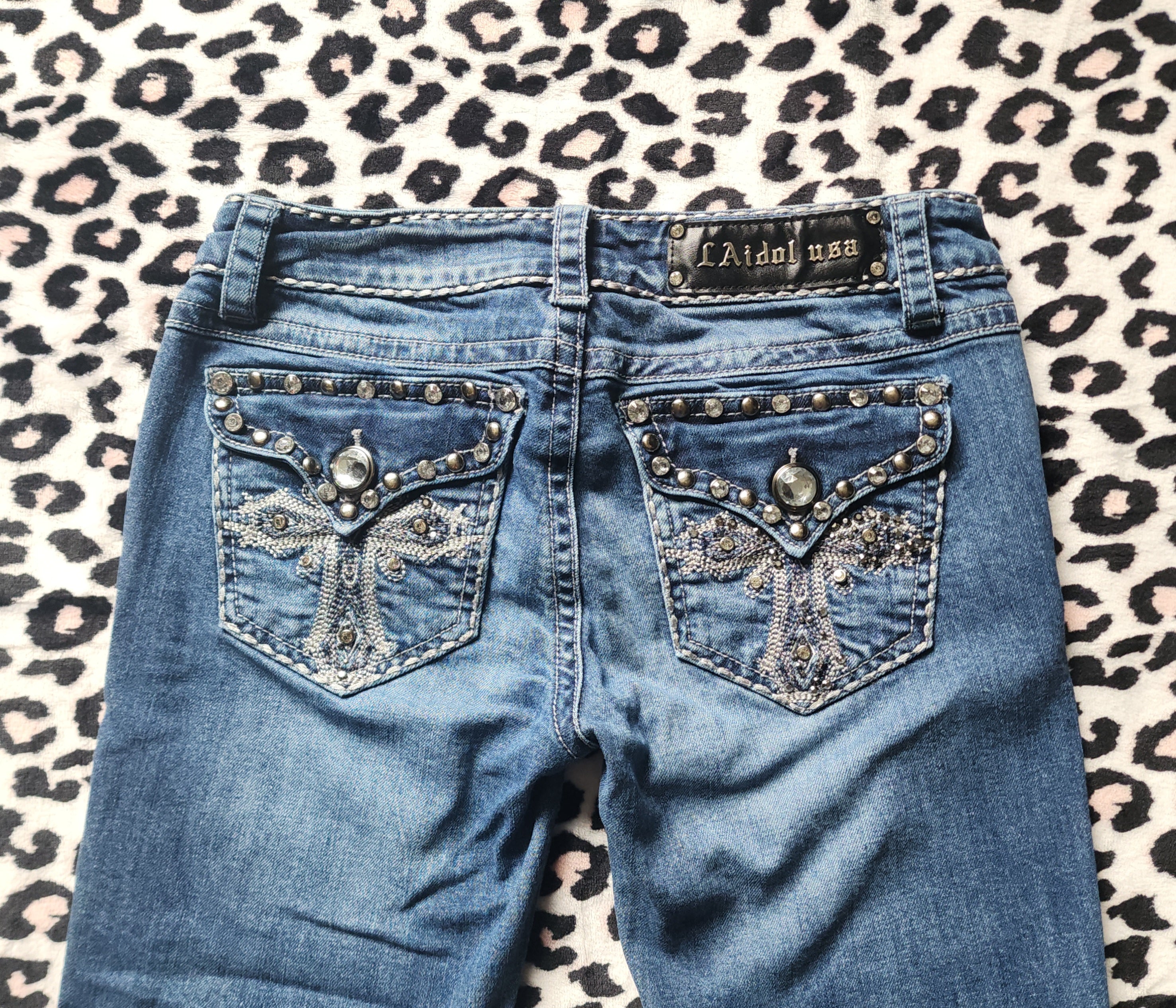 Y2K Inspired L.A. Idol Low Rise Medium Wash Blue Cathedral Bedazzled Denim Capris