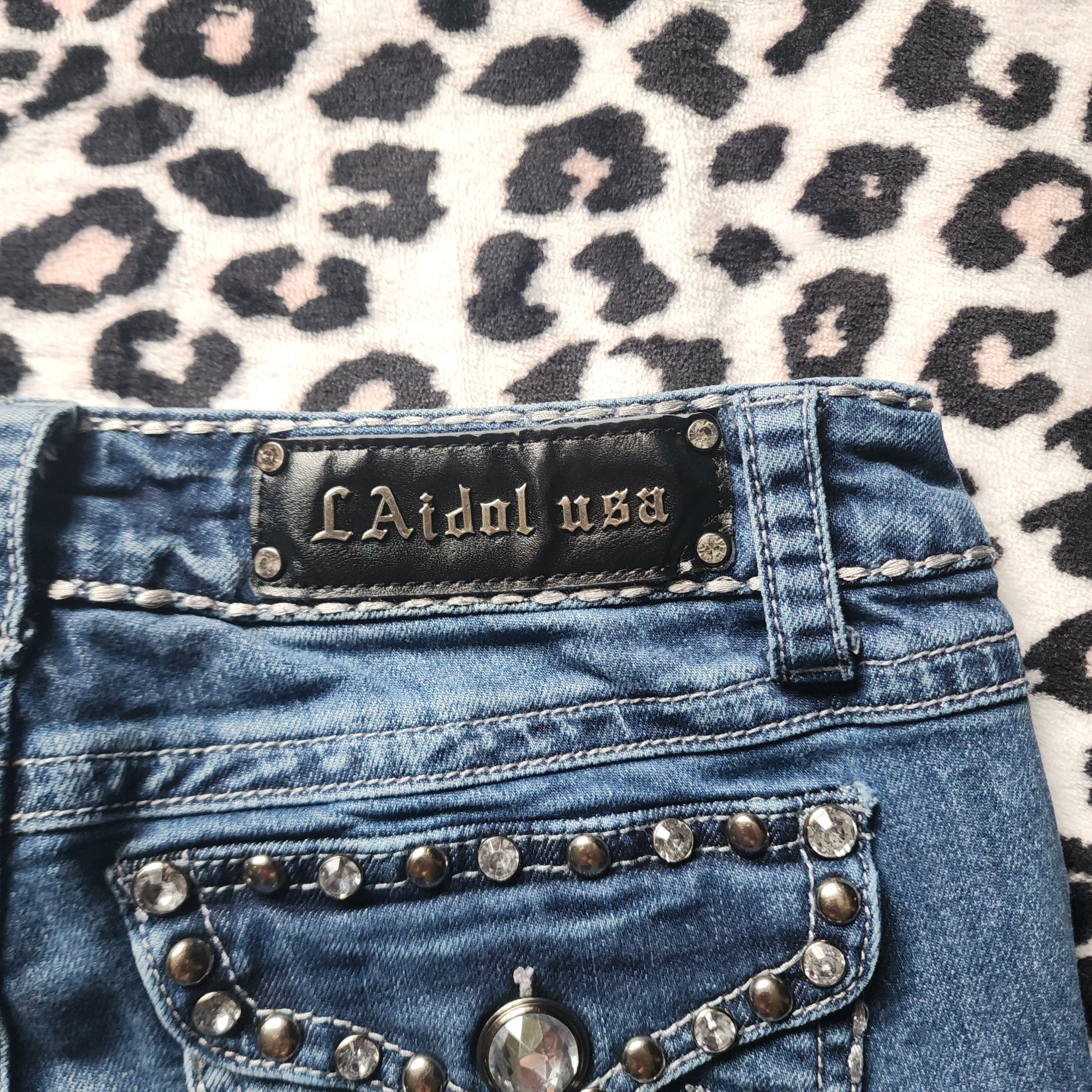 Y2K Inspired L.A. Idol Low Rise Medium Wash Blue Cathedral Bedazzled Denim Capris