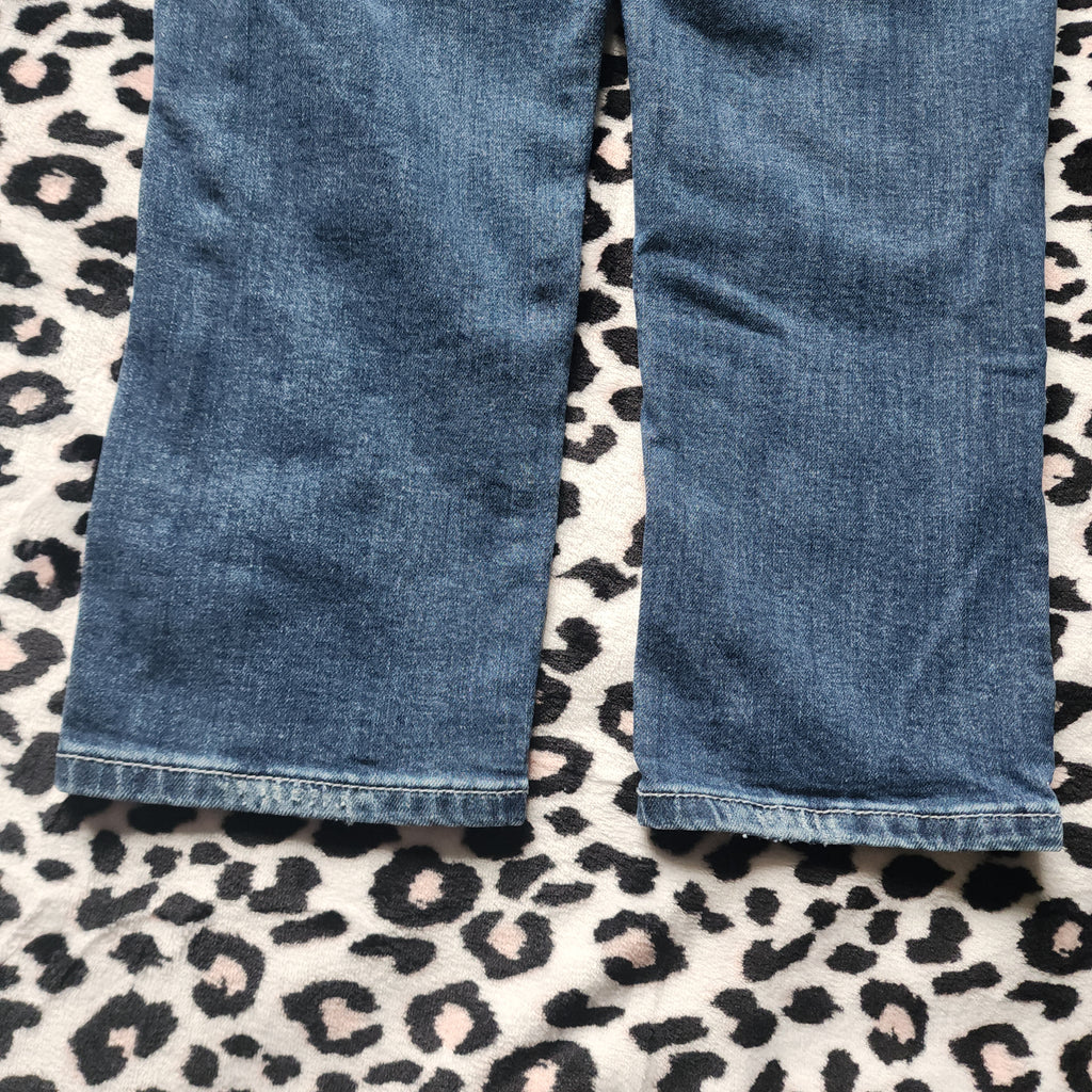 Y2K Inspired L.A. Idol Low Rise Medium Wash Blue Cathedral Bedazzled Denim Capris