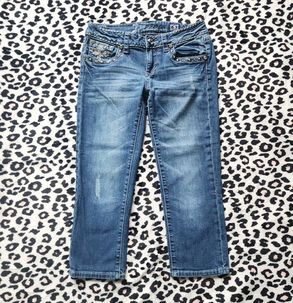 Y2K Inspired L.A. Idol Low Rise Medium Wash Blue Cathedral Bedazzled Denim Capris