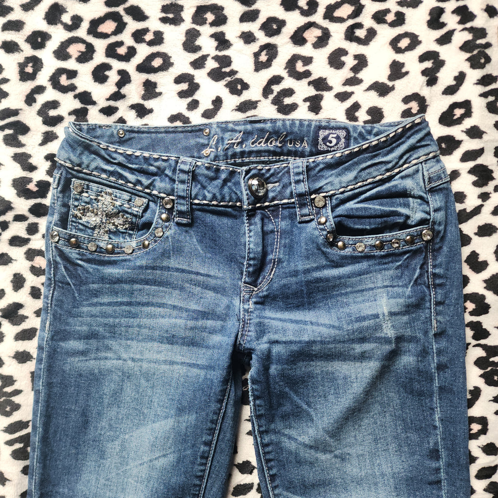 Y2K Inspired L.A. Idol Low Rise Medium Wash Blue Cathedral Bedazzled Denim Capris