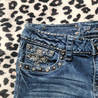 Y2K Inspired L.A. Idol Low Rise Medium Wash Blue Cathedral Bedazzled Denim Capris