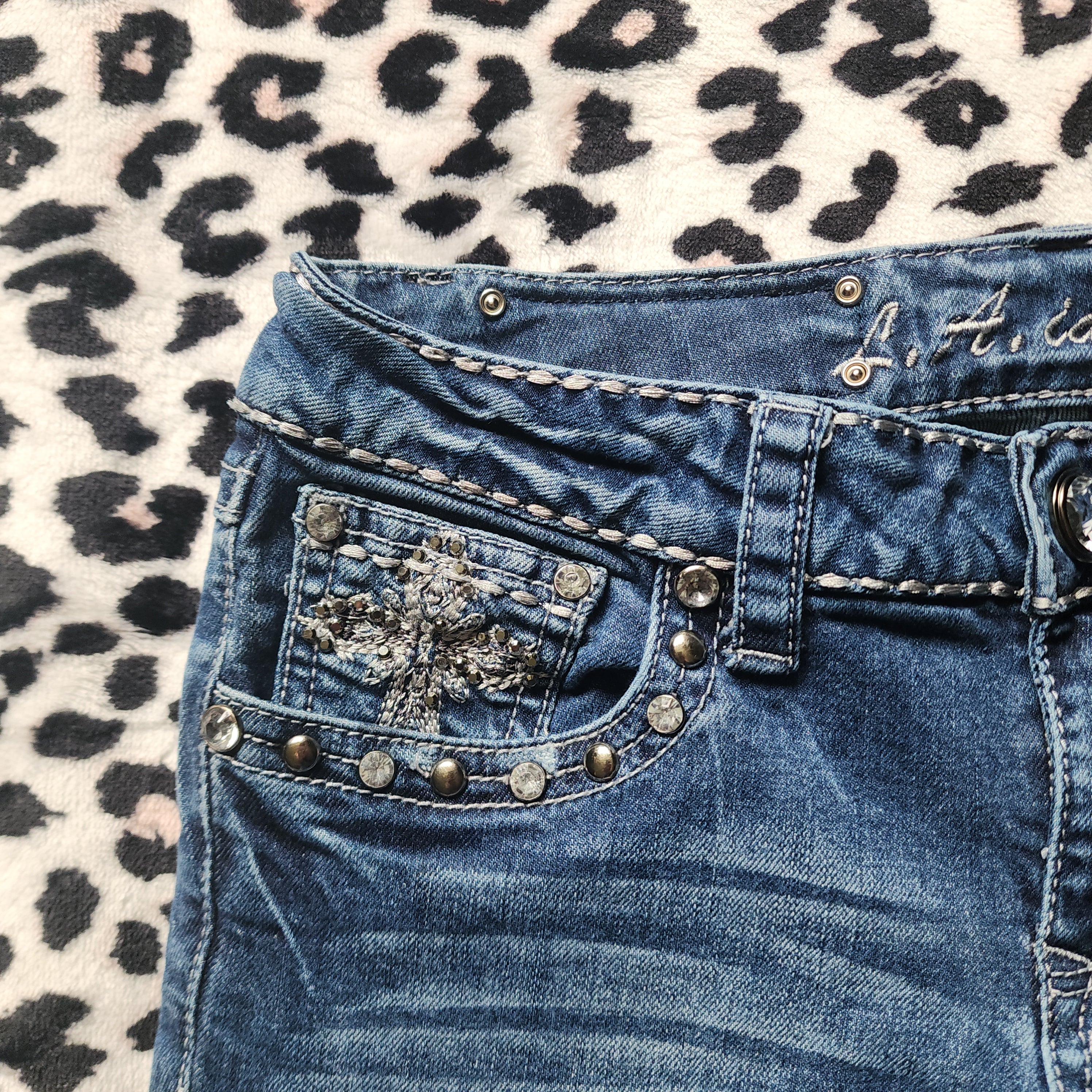 Y2K Inspired L.A. Idol Low Rise Medium Wash Blue Cathedral Bedazzled Denim Capris