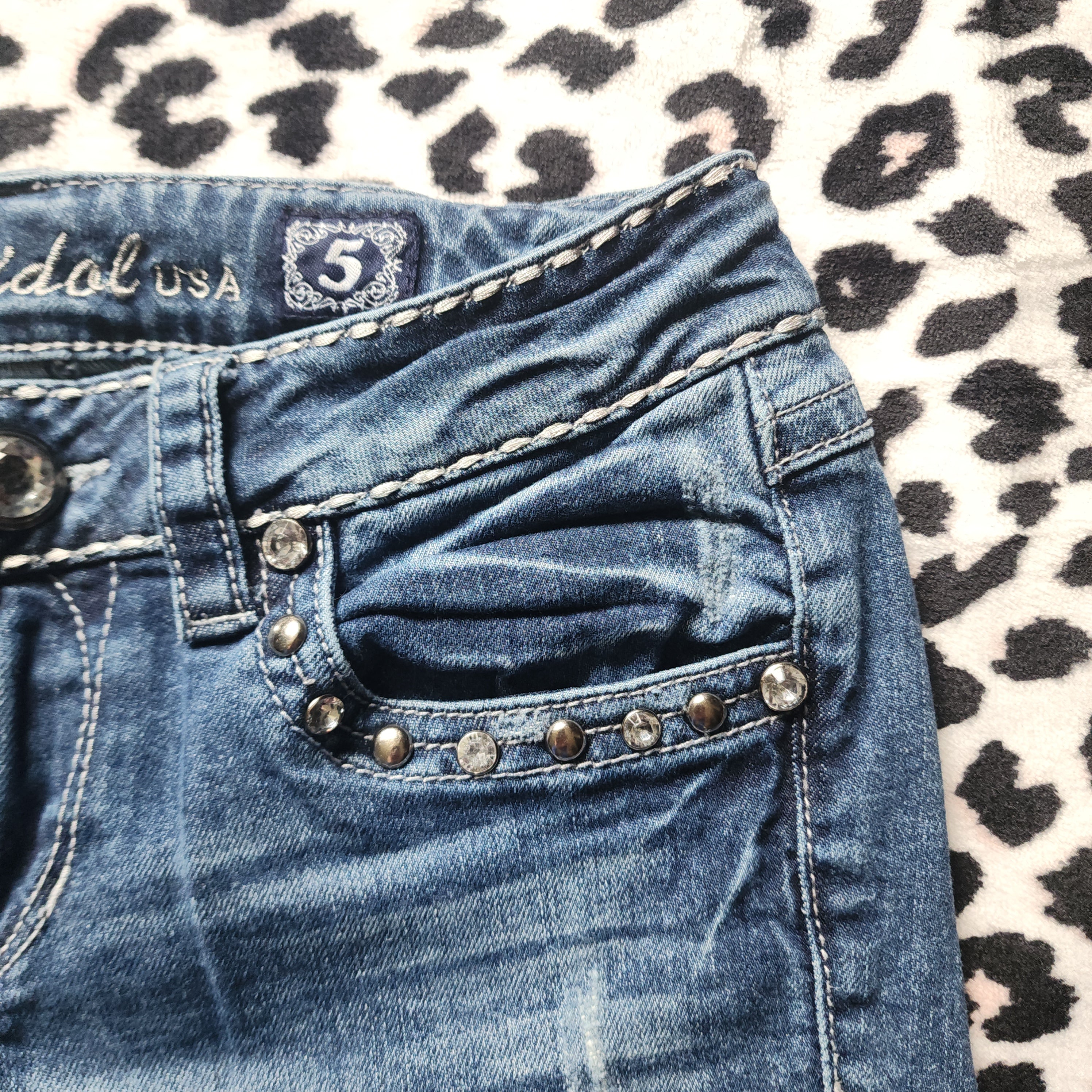 Y2K Inspired L.A. Idol Low Rise Medium Wash Blue Cathedral Bedazzled Denim Capris
