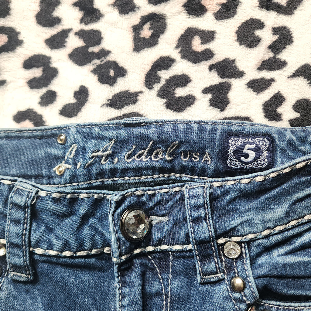 Y2K Inspired L.A. Idol Low Rise Medium Wash Blue Cathedral Bedazzled Denim Capris