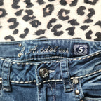 Y2K Inspired L.A. Idol Low Rise Medium Wash Blue Cathedral Bedazzled Denim Capris