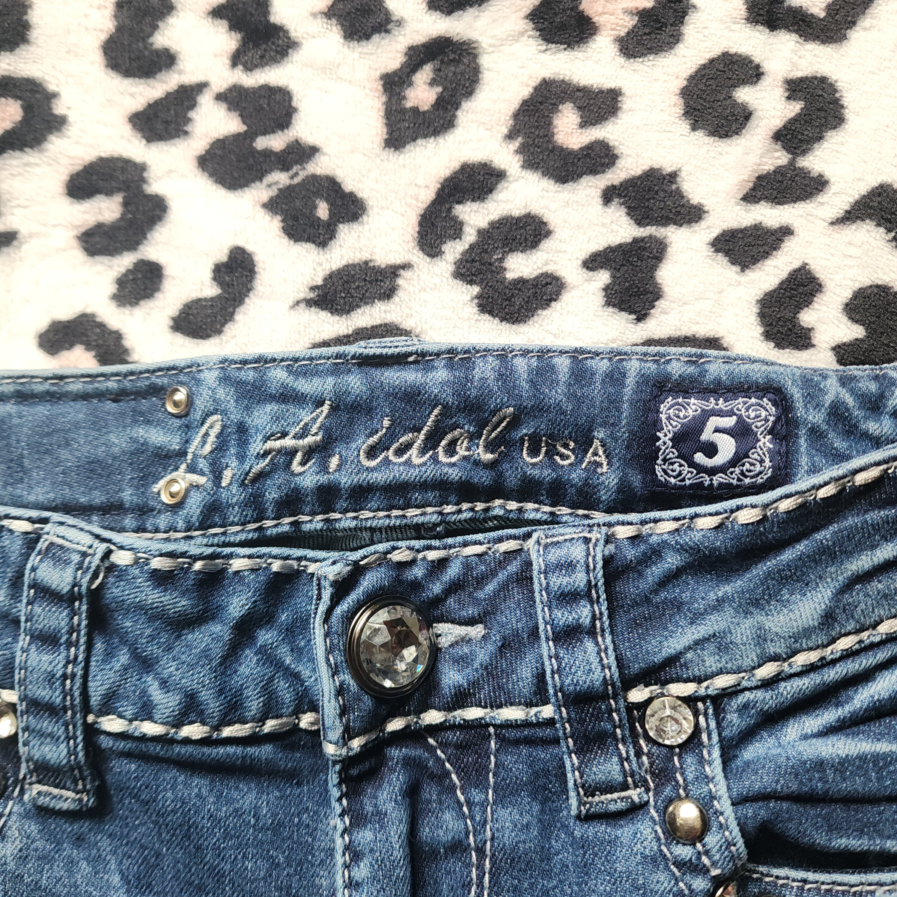 Y2K Inspired L.A. Idol Low Rise Medium Wash Blue Cathedral Bedazzled Denim Capris