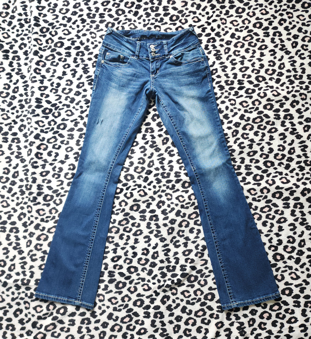 Y2K Vanity Low Rise Medium Wash Cathedral Embellished Flares Denim Jeans