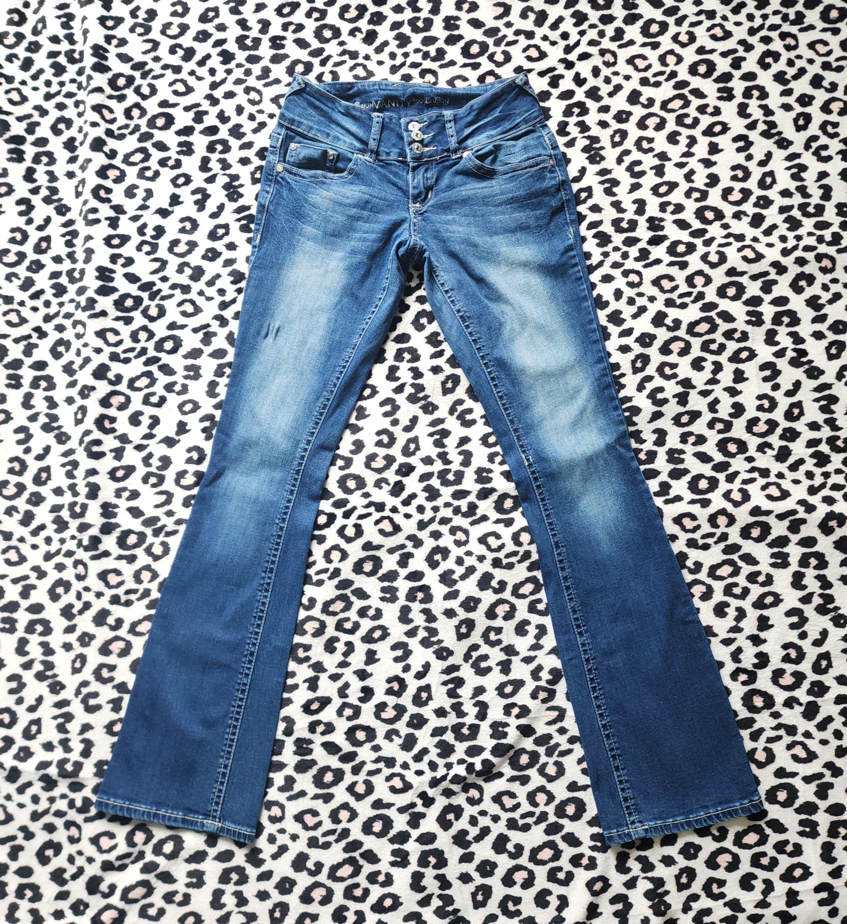 Y2K Vanity Low Rise Medium Wash Cathedral Embellished Flares Denim Jeans