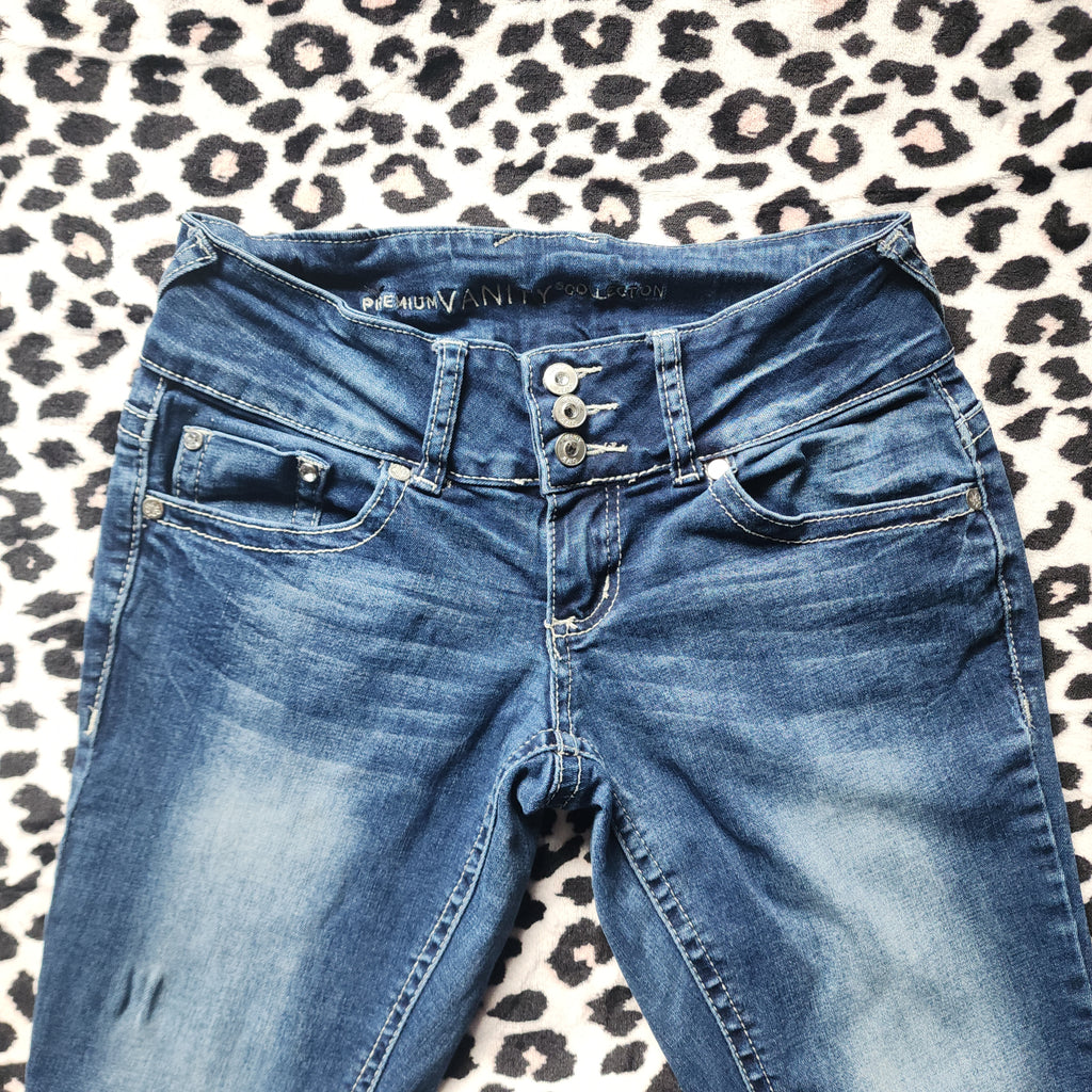 Y2K Vanity Low Rise Medium Wash Cathedral Embellished Flares Denim Jeans