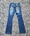 Y2K Vanity Low Rise Medium Wash Cathedral Embellished Flares Denim Jeans