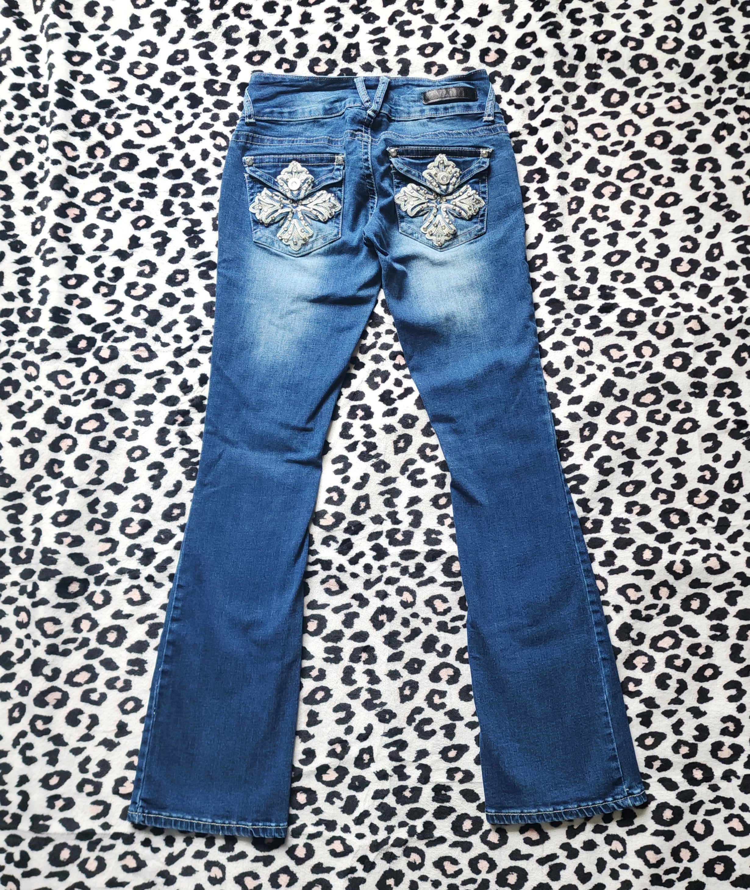 Y2K Vanity Low Rise Medium Wash Cathedral Embellished Flares Denim Jeans