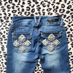 Y2K Vanity Low Rise Medium Wash Cathedral Embellished Flares Denim Jeans