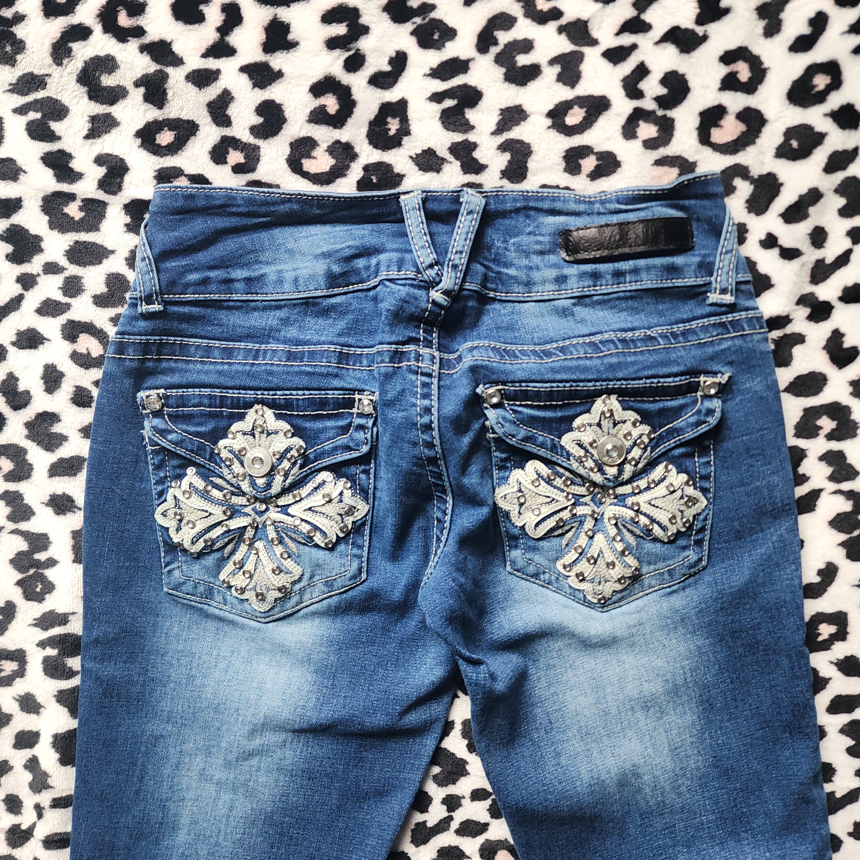 Y2K Vanity Low Rise Medium Wash Cathedral Embellished Flares Denim Jeans