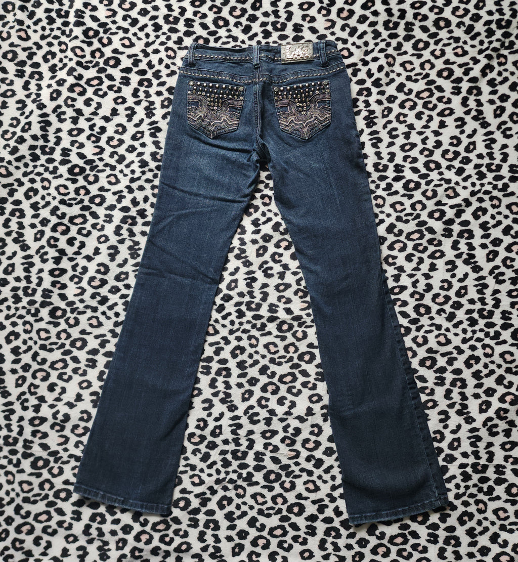Y2K L.A. Idol Low Rise Dark Grey Wash Embellished Bootcut Denim Jeans