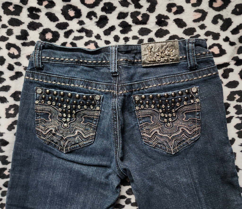 Y2K L.A. Idol Low Rise Dark Grey Wash Embellished Bootcut Denim Jeans