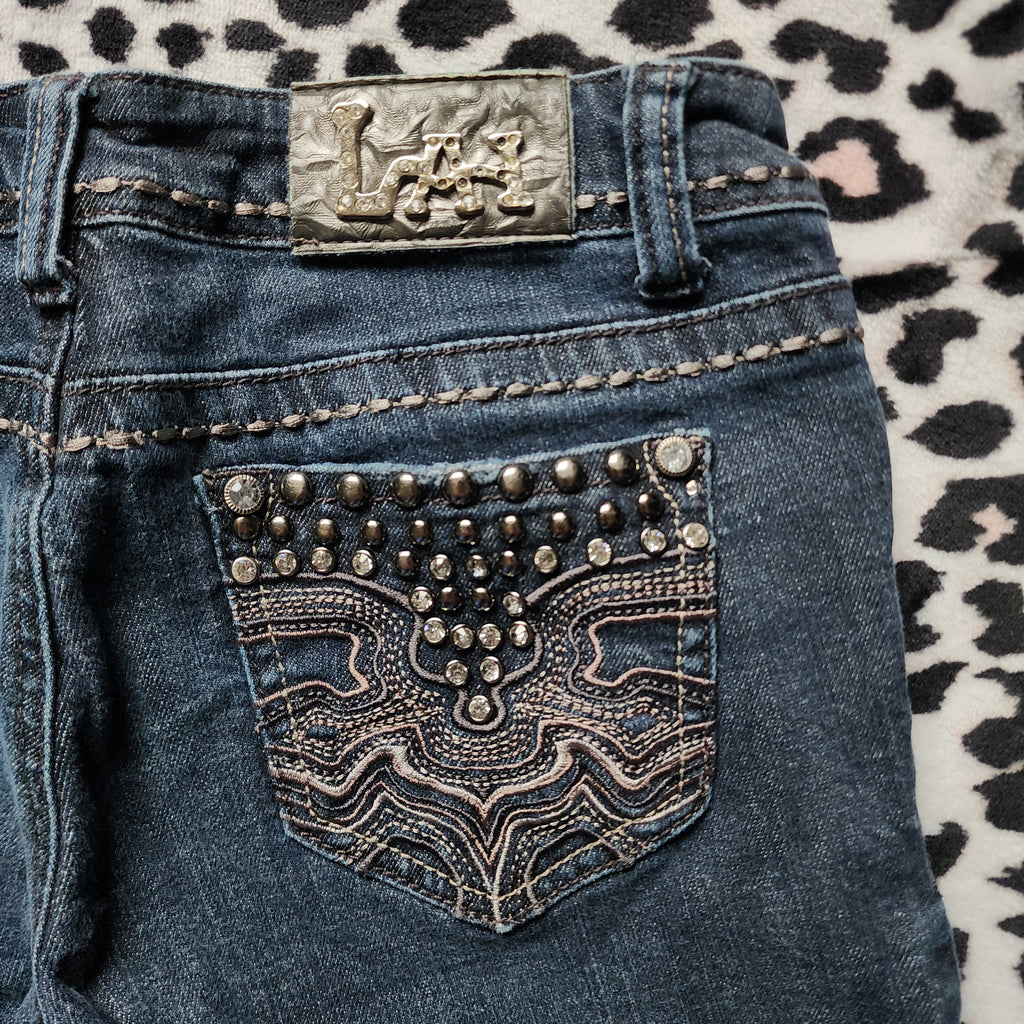 Y2K L.A. Idol Low Rise Dark Grey Wash Embellished Bootcut Denim Jeans