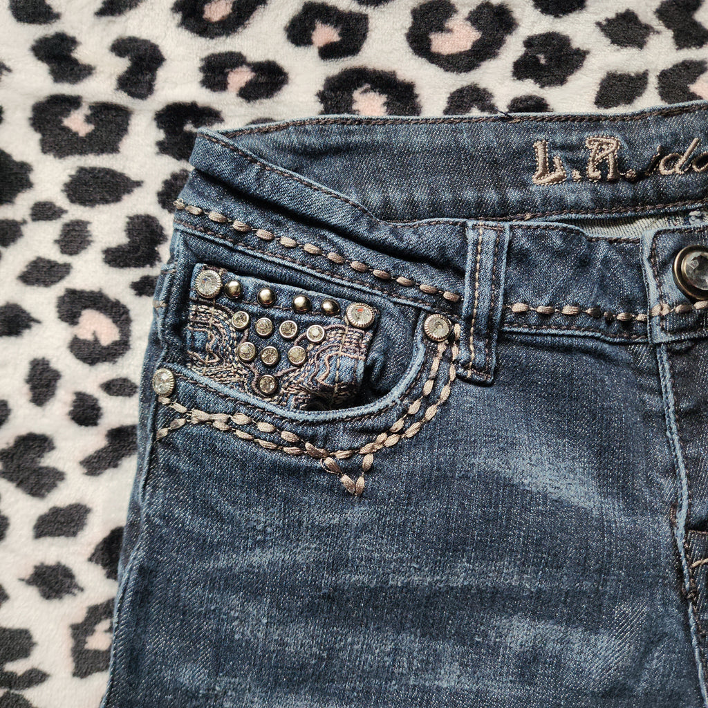 Y2K L.A. Idol Low Rise Dark Grey Wash Embellished Bootcut Denim Jeans