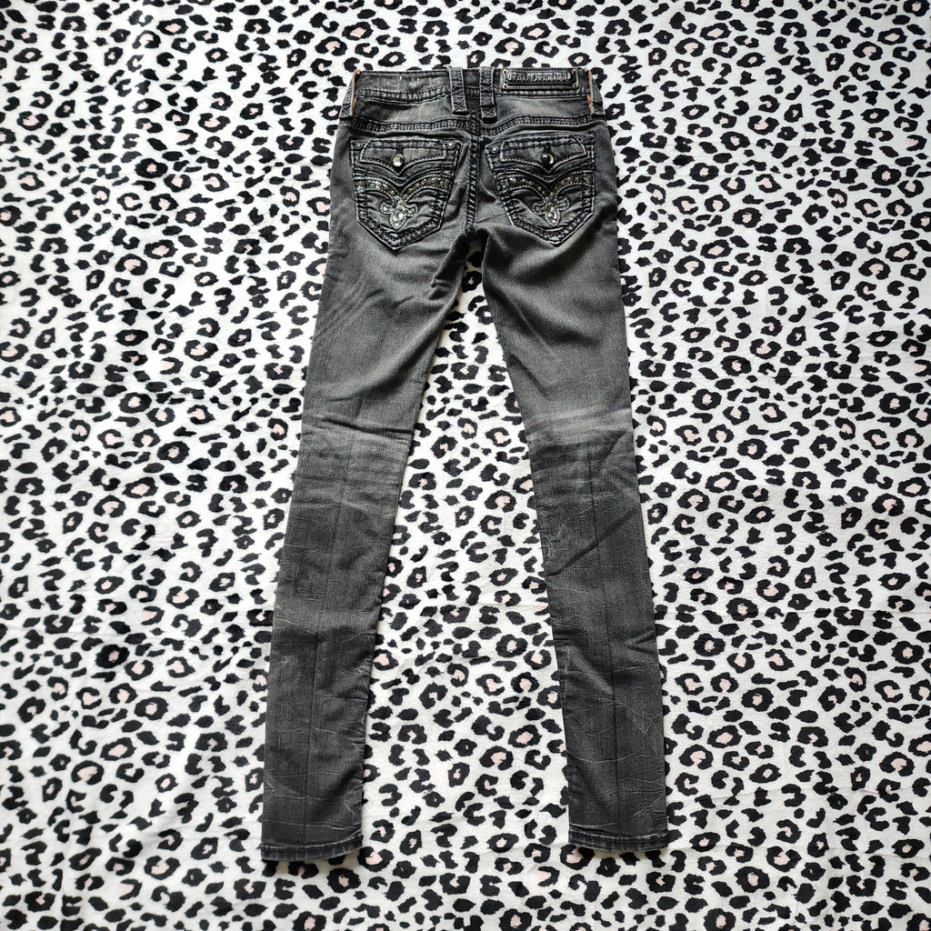 Y2K Rock Revival Low Rise Dark Grey Cathedral Embellished Bootcut Denim Jeans