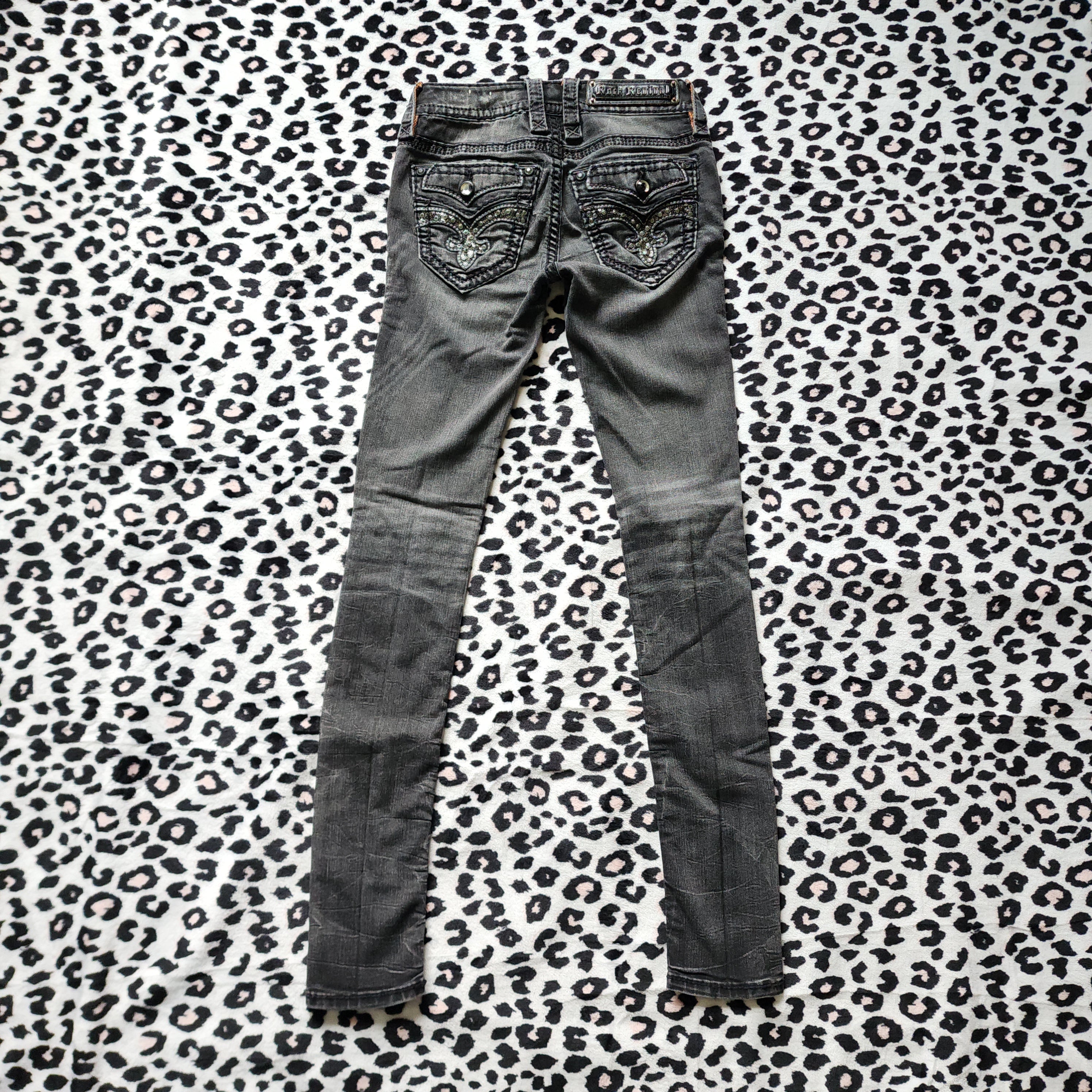 Y2K Rock Revival Low Rise Dark Grey Cathedral Embellished Bootcut Denim Jeans