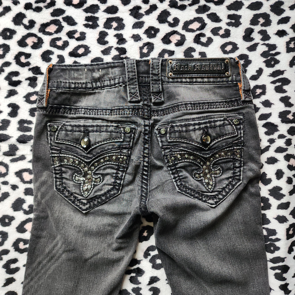 Y2K Rock Revival Low Rise Dark Grey Cathedral Embellished Bootcut Denim Jeans