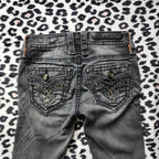 Y2K Rock Revival Low Rise Dark Grey Cathedral Embellished Bootcut Denim Jeans