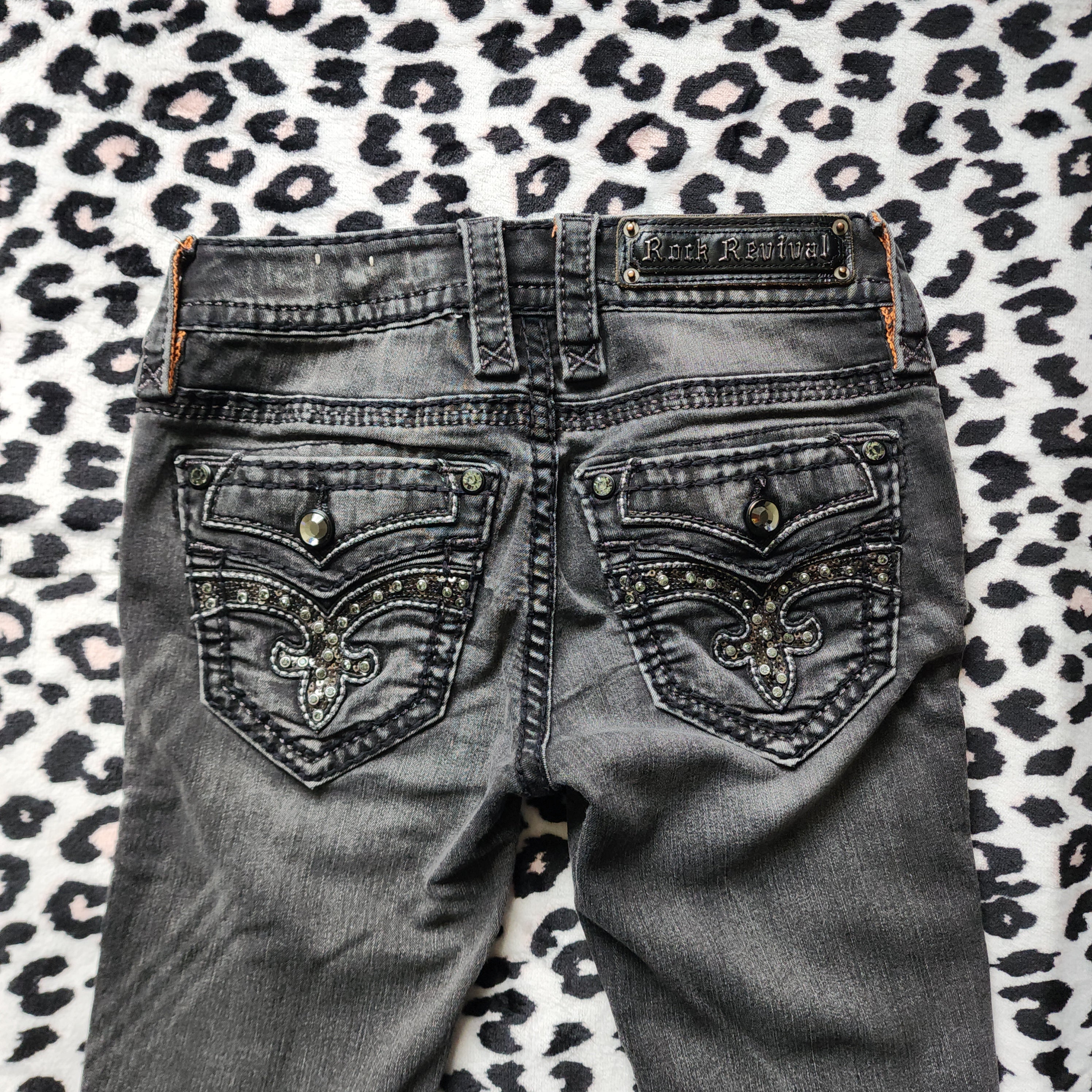 Y2K Rock Revival Low Rise Dark Grey Cathedral Embellished Bootcut Denim Jeans
