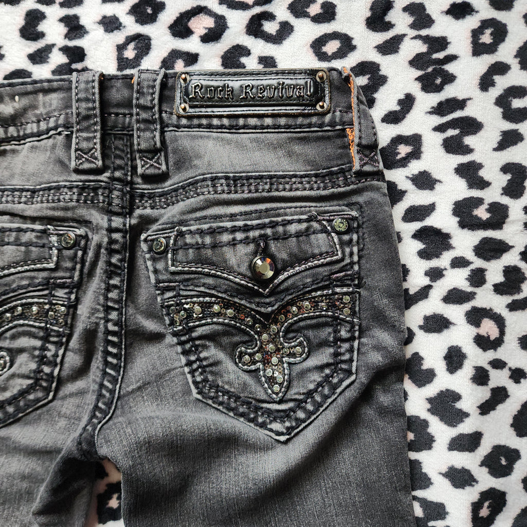 Y2K Rock Revival Low Rise Dark Grey Cathedral Embellished Bootcut Denim Jeans