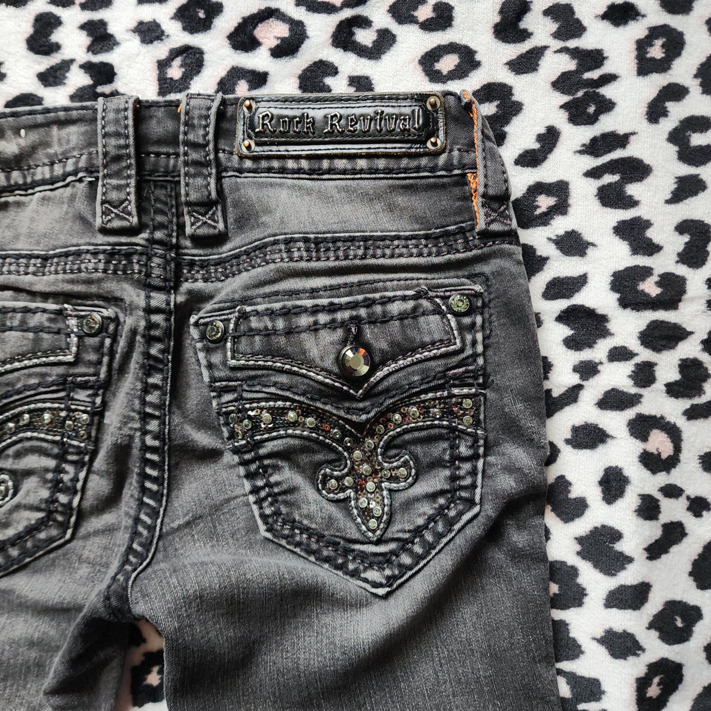 Y2K Rock Revival Low Rise Dark Grey Cathedral Embellished Bootcut Denim Jeans