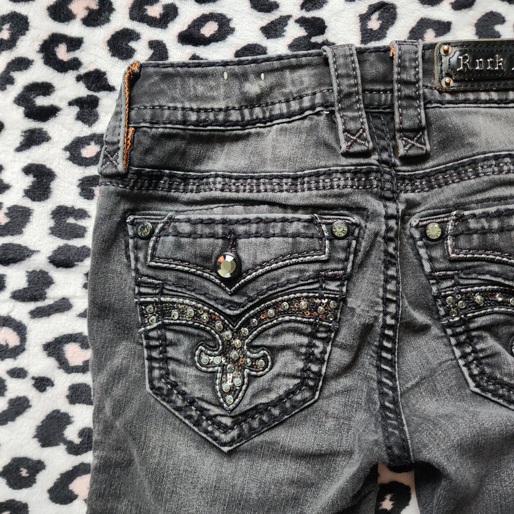 Y2K Rock Revival Low Rise Dark Grey Cathedral Embellished Bootcut Denim Jeans