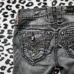 Y2K Rock Revival Low Rise Dark Grey Cathedral Embellished Bootcut Denim Jeans