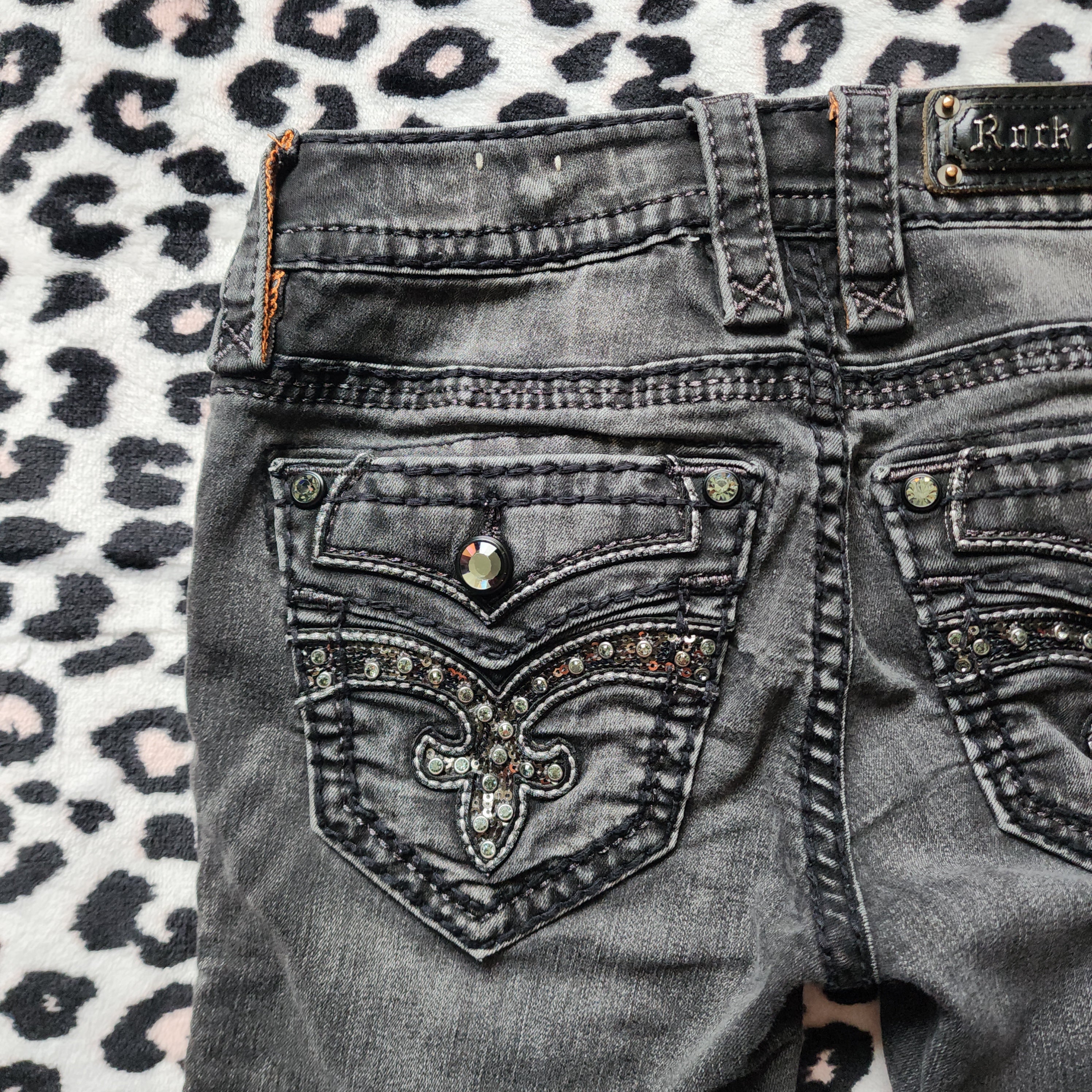 Y2K Rock Revival Low Rise Dark Grey Cathedral Embellished Bootcut Denim Jeans