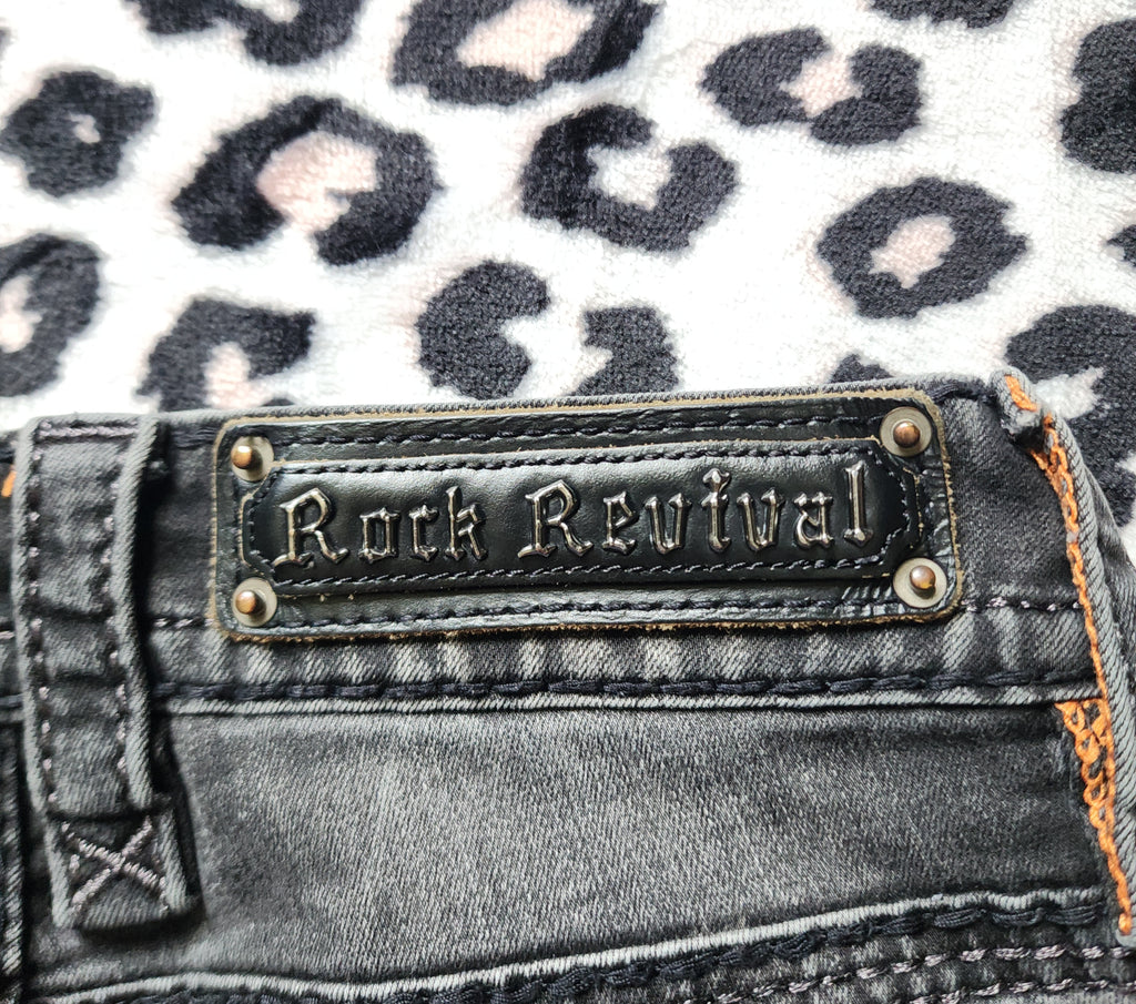 Y2K Rock Revival Low Rise Dark Grey Cathedral Embellished Bootcut Denim Jeans