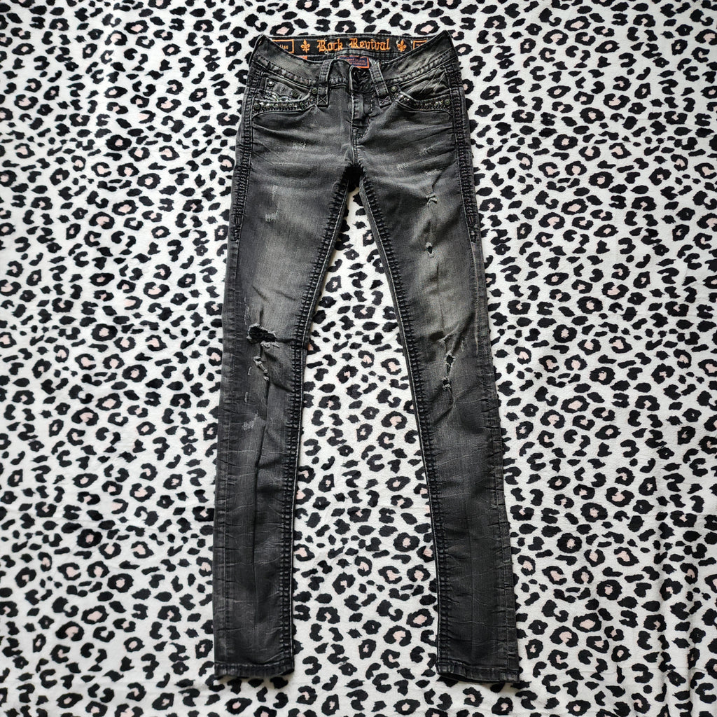 Y2K Rock Revival Low Rise Dark Grey Cathedral Embellished Bootcut Denim Jeans