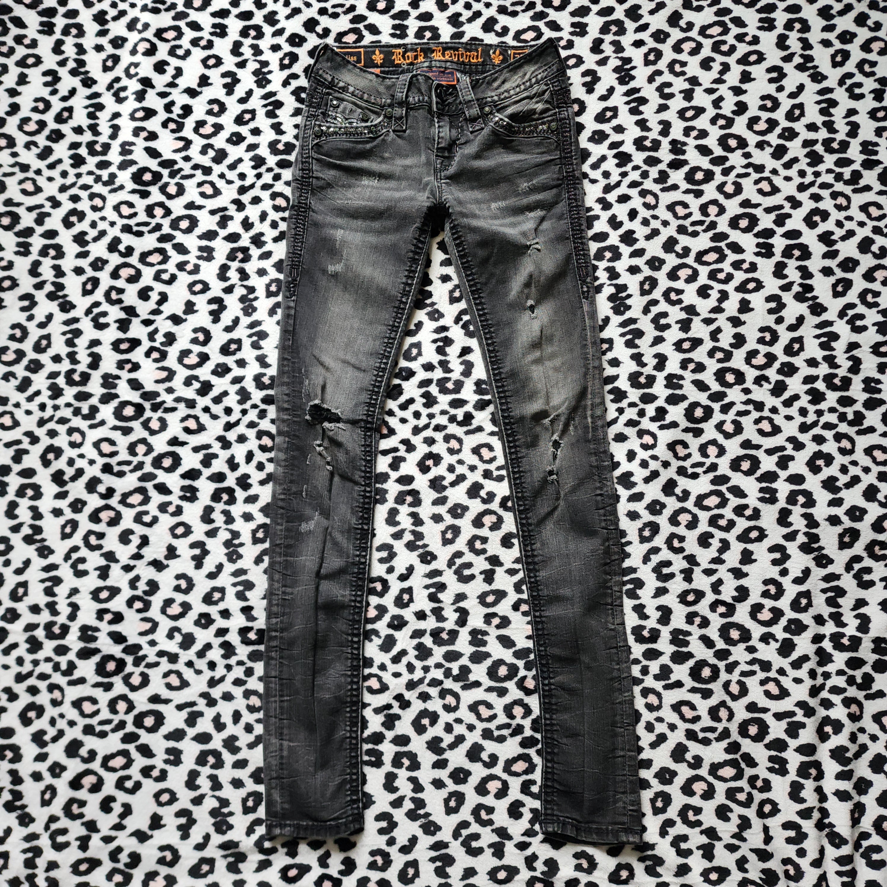 Y2K Rock Revival Low Rise Dark Grey Cathedral Embellished Bootcut Denim Jeans