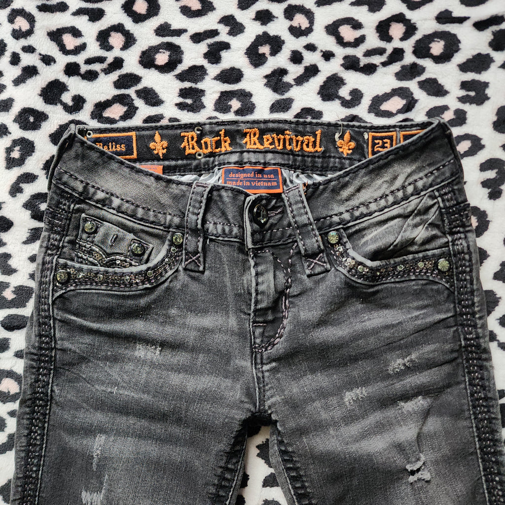 Y2K Rock Revival Low Rise Dark Grey Cathedral Embellished Bootcut Denim Jeans