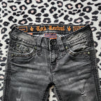 Y2K Rock Revival Low Rise Dark Grey Cathedral Embellished Bootcut Denim Jeans
