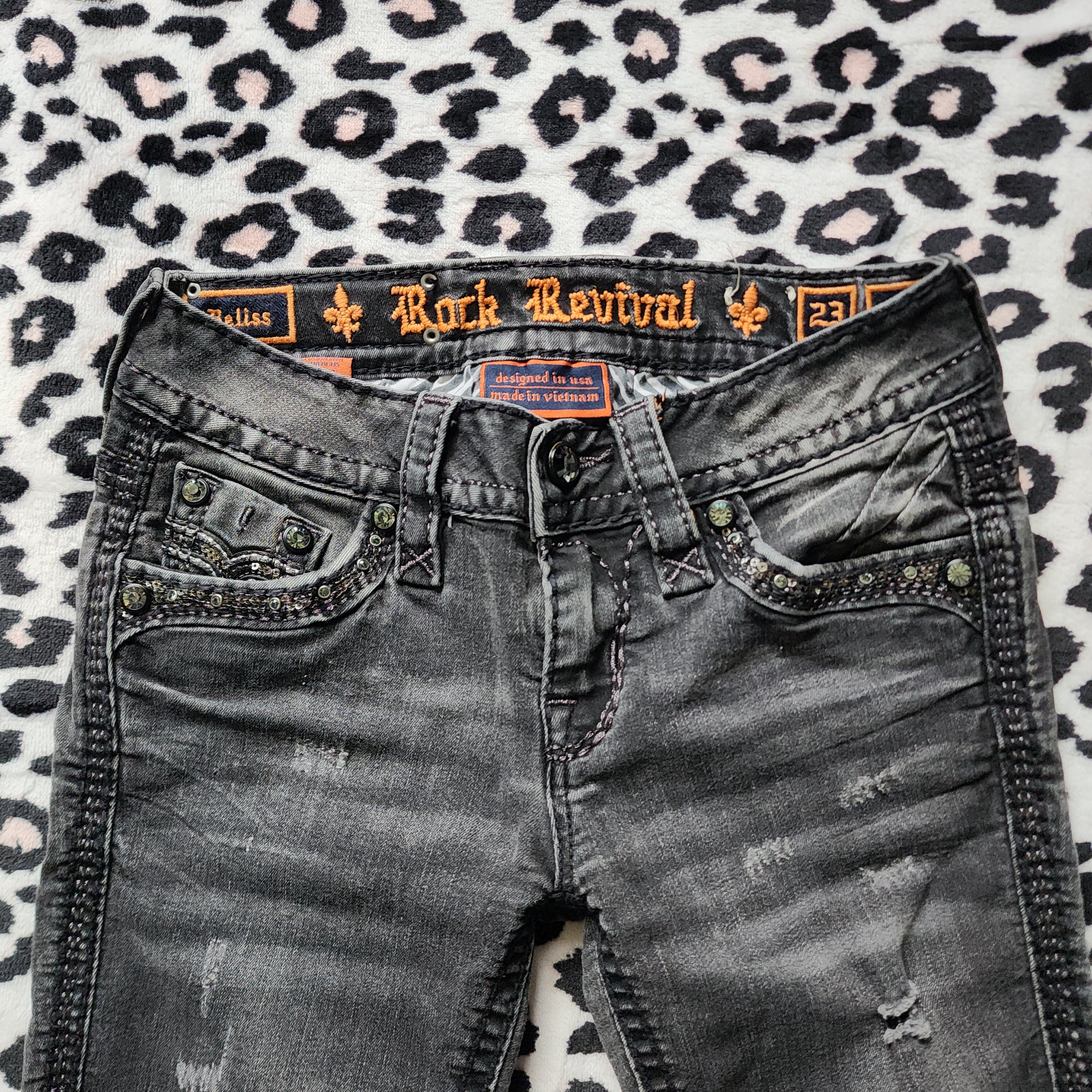 Y2K Rock Revival Low Rise Dark Grey Cathedral Embellished Bootcut Denim Jeans