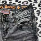 Y2K Rock Revival Low Rise Dark Grey Cathedral Embellished Bootcut Denim Jeans