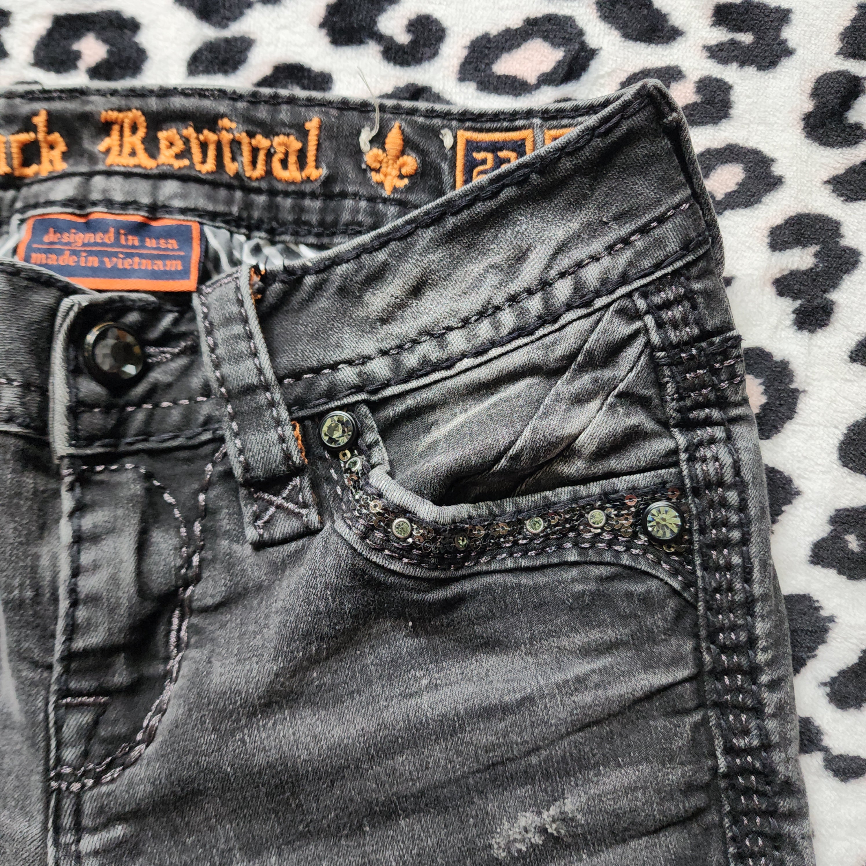 Y2K Rock Revival Low Rise Dark Grey Cathedral Embellished Bootcut Denim Jeans