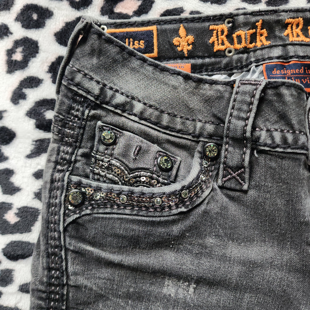 Y2K Rock Revival Low Rise Dark Grey Cathedral Embellished Bootcut Denim Jeans