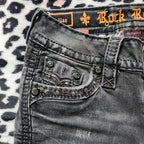 Y2K Rock Revival Low Rise Dark Grey Cathedral Embellished Bootcut Denim Jeans
