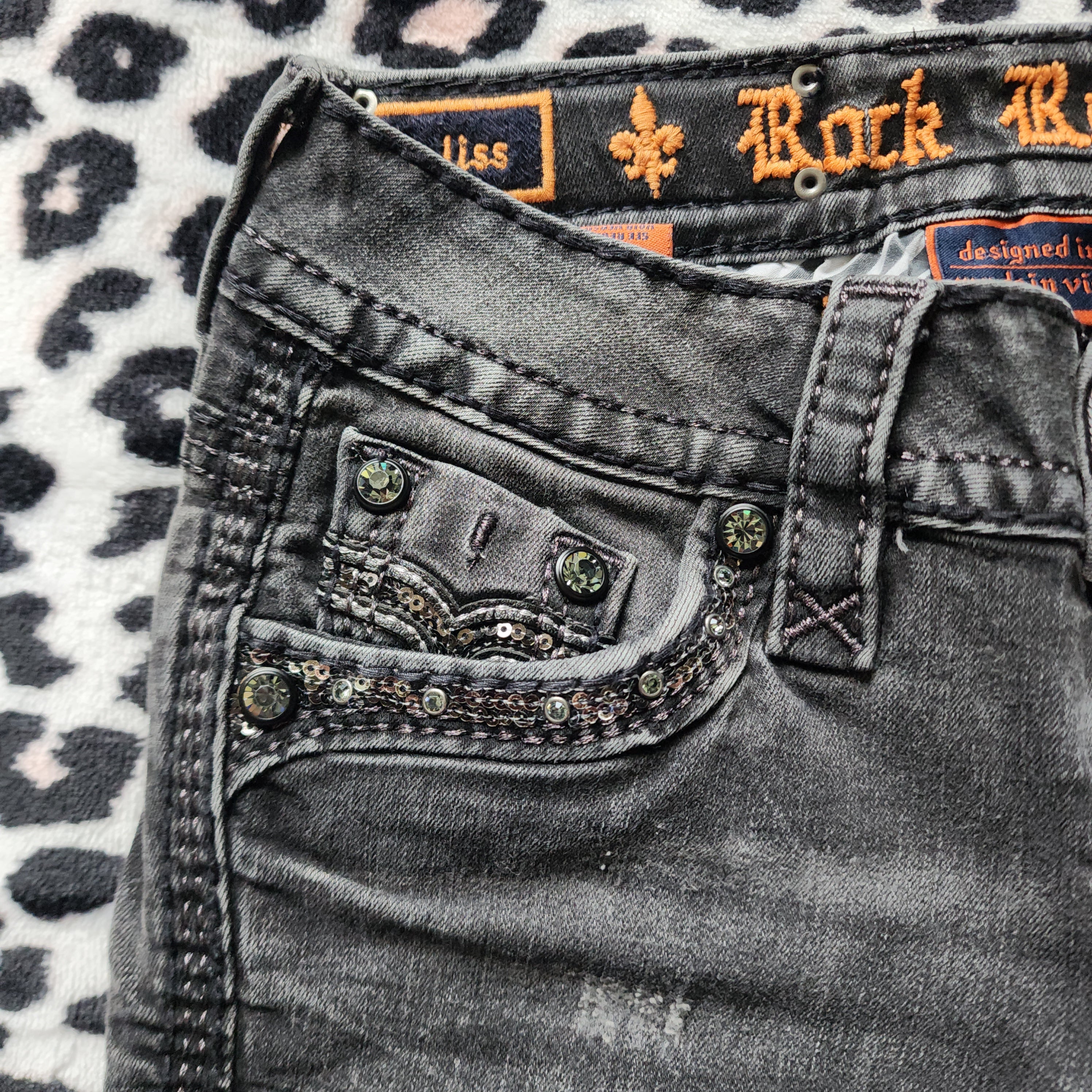 Y2K Rock Revival Low Rise Dark Grey Cathedral Embellished Bootcut Denim Jeans