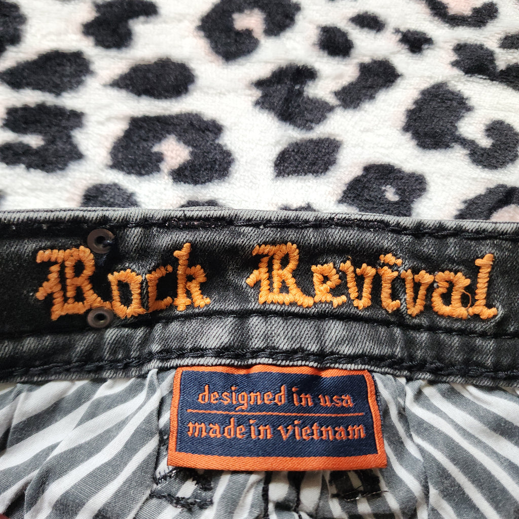 Y2K Rock Revival Low Rise Dark Grey Cathedral Embellished Bootcut Denim Jeans