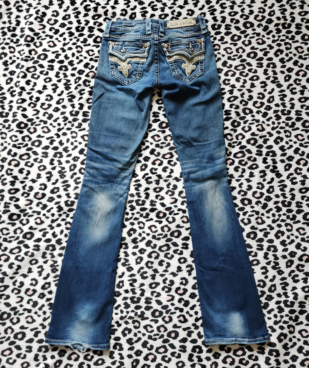 Y2K Rock Revival Low Rise Medium Wash Blue Cathedral Embellished Bootcut Denim Jeans