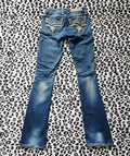 Y2K Rock Revival Low Rise Medium Wash Blue Cathedral Embellished Bootcut Denim Jeans