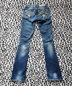 Y2K Rock Revival Low Rise Medium Wash Blue Cathedral Embellished Bootcut Denim Jeans