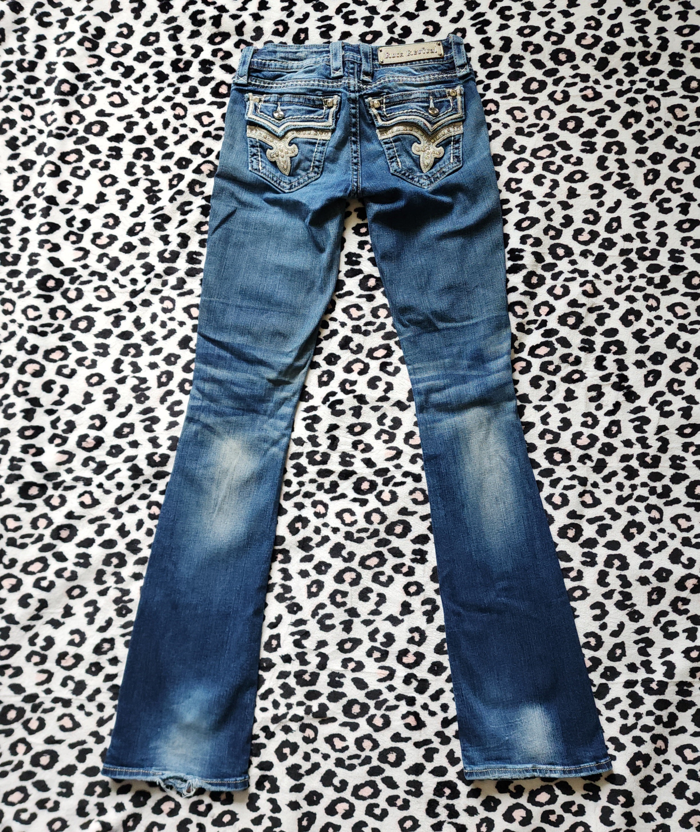 Y2K Rock Revival Low Rise Medium Wash Blue Cathedral Embellished Bootcut Denim Jeans