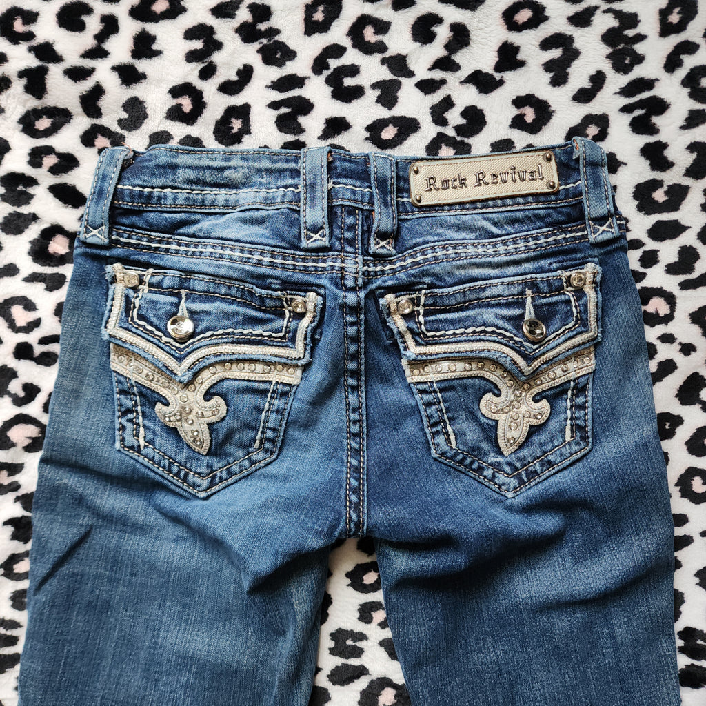 Y2K Rock Revival Low Rise Medium Wash Blue Cathedral Embellished Bootcut Denim Jeans