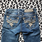 Y2K Rock Revival Low Rise Medium Wash Blue Cathedral Embellished Bootcut Denim Jeans